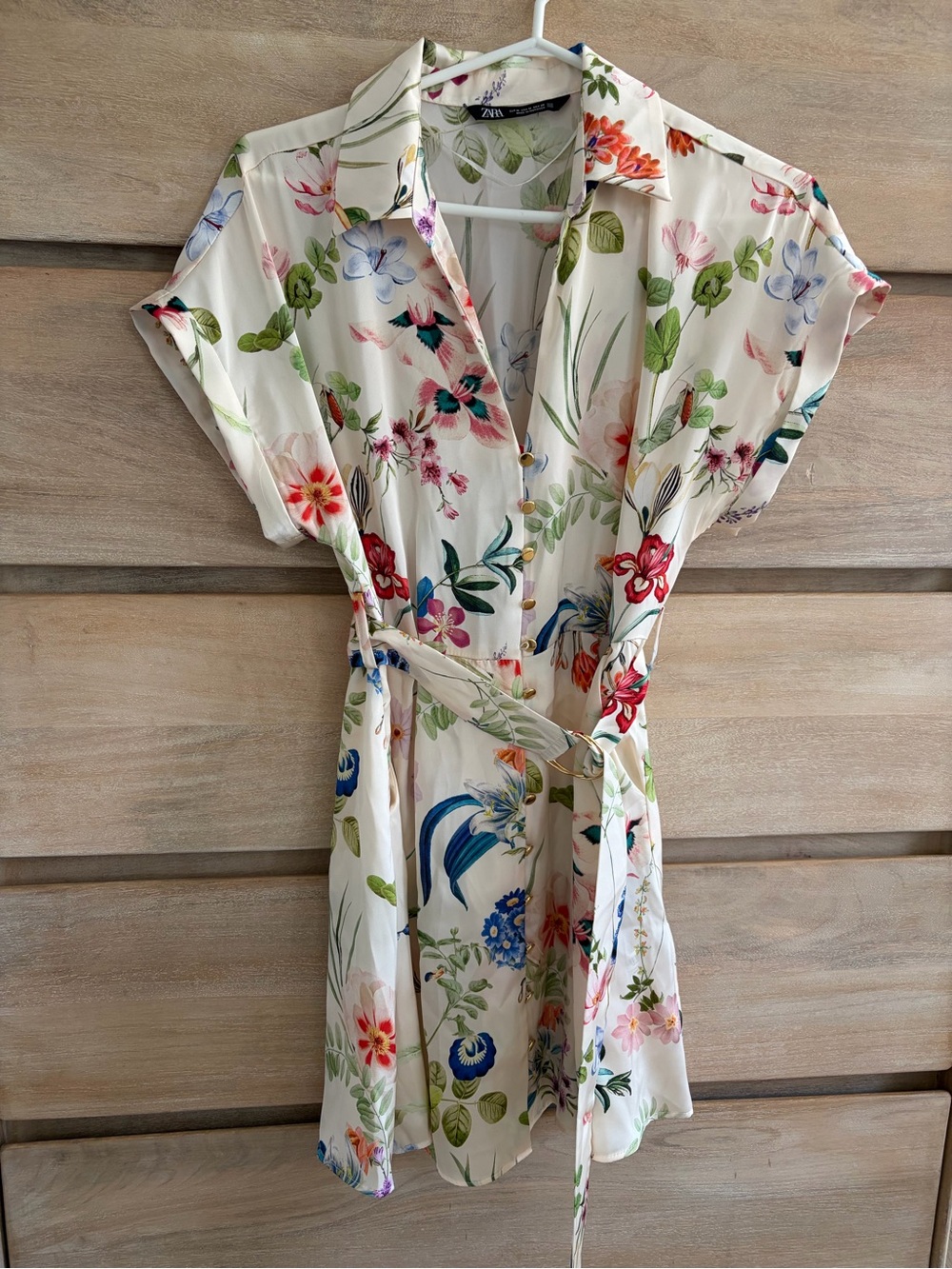 Zara Cream Floral Button-Front Dress with Pink, Red and Green Blooms